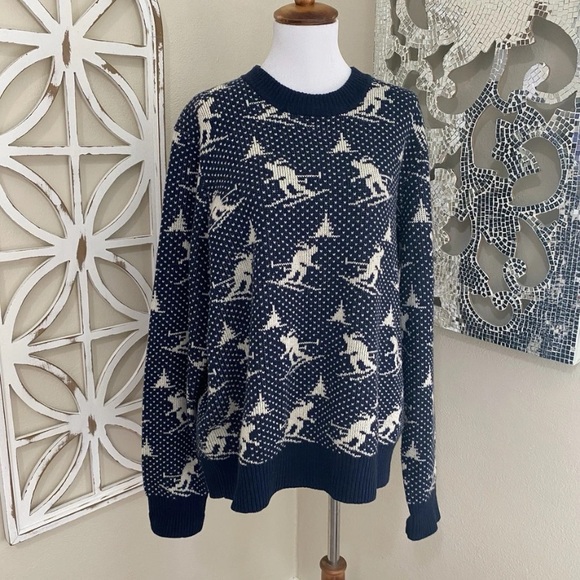 J CREW womens xlarge NAVY WHITE SKI PRINT 100% WOOL SWEATER - Picture 1 of 7